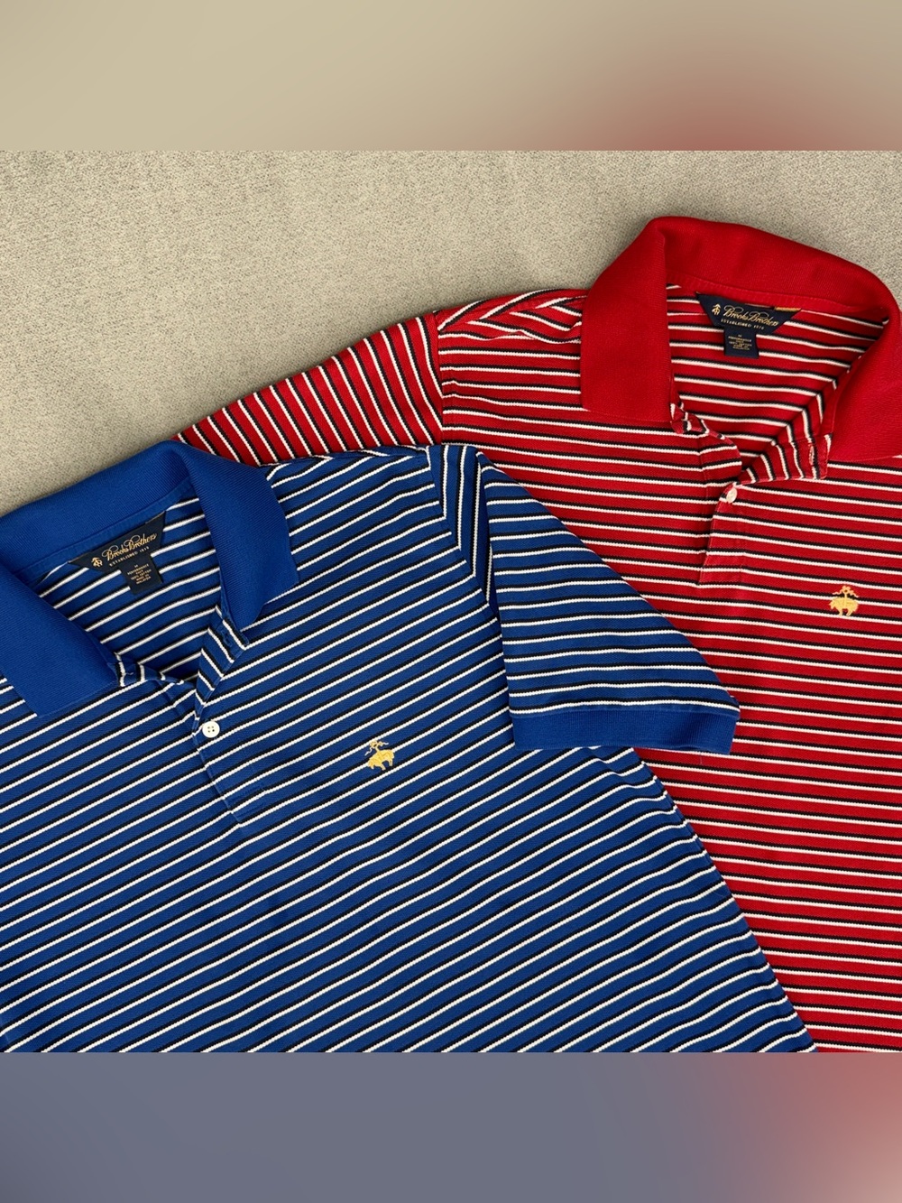 Two Brooks Brothers Mens M Performance Knit Polo Shirt Red Blue Stripe Cotton